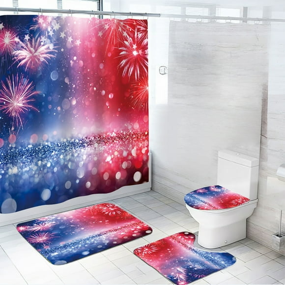Qiopertar Ensemble de tapis de rideau de douche patriotique de salle de bains de jour de l'indépendance 4pcs avec couverture de toilette antidérapante et ensemble d'accessoires décoratifs de douche
