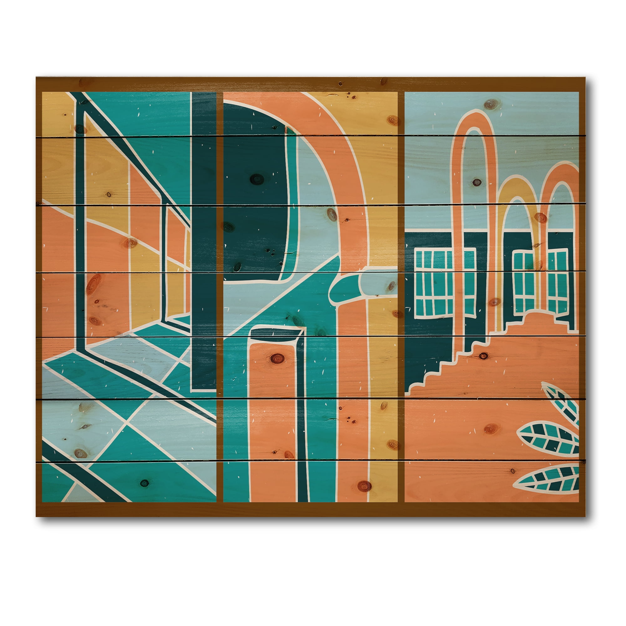 Designart 'Geometric Shapes Vintage Style Building Windows' Modern Print on Natural Pine Wood