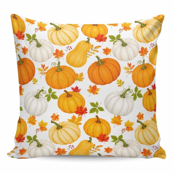 Orange Yellow Pumpkins Throw Pillow 18x18 Inch, Thanksgiving Maple Leaves Fall Waterproof Outdoor Pillow Covers with Insert, Decorative Pillowcase Cushion for Couch, Sofa, Bed, Patio, Garden