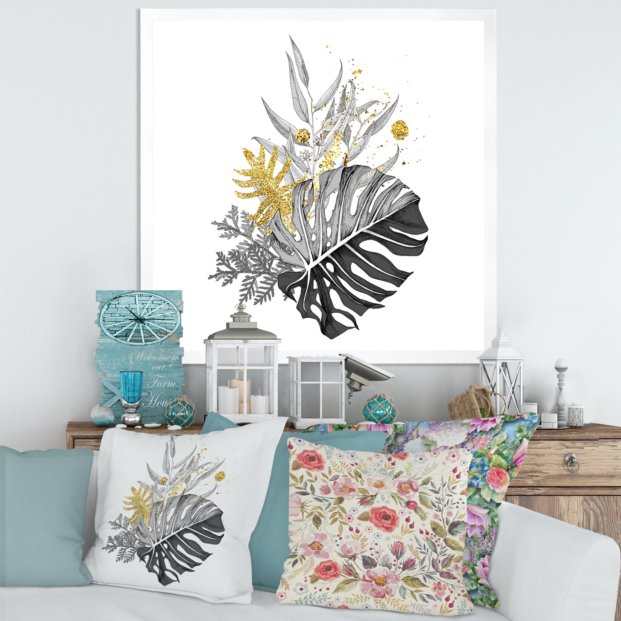 Designart 'Bouquet With Golden Tropical Leaves and Monochrome' Tropical Framed Art Print