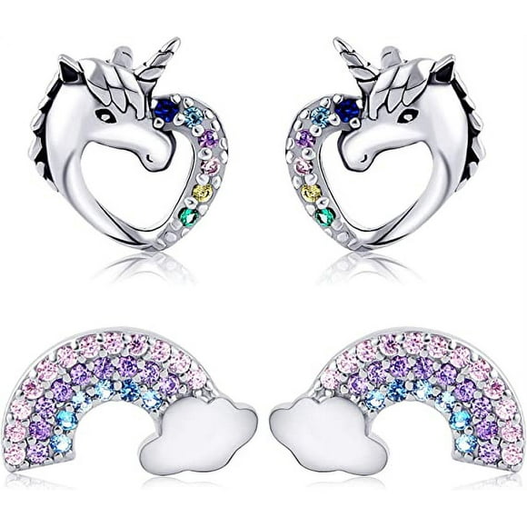 Jinsinto 2 Pairs of Small Stud Earrings for Girls Hypoallergenic Silver Stud Earrings for Children Unicorn Heart Shape Rainbow Petite CZ Earrings Set Valentine's Day Jewelry Gifts for F