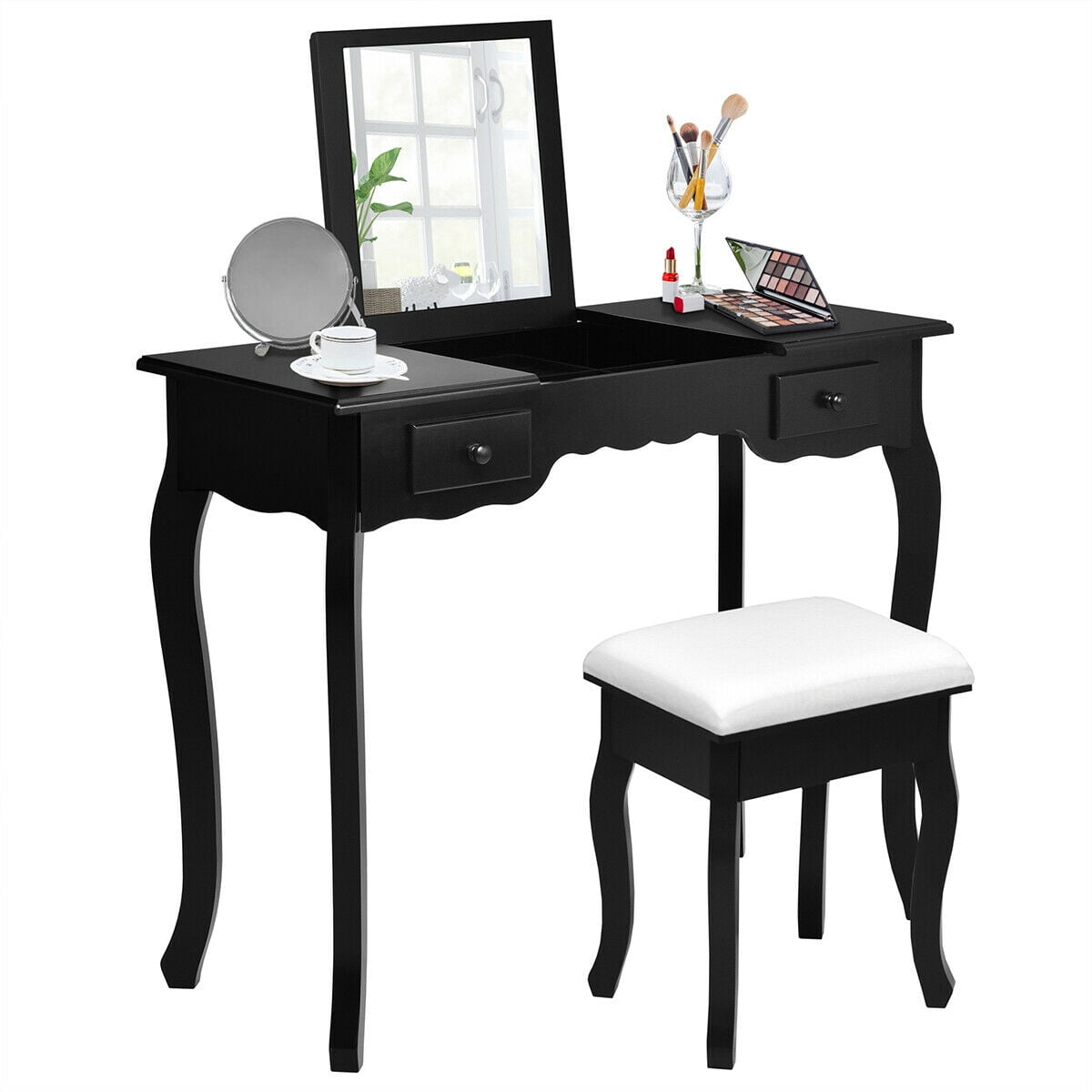 Gymax Bathroom Mirrored Vanity Set Make Up Dressring Table Stool