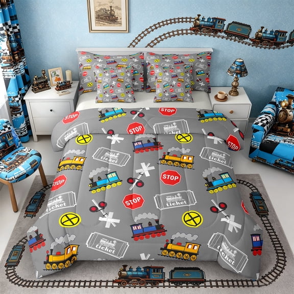 Castle Fairy Cartoon Train Pattern Twin Bedding Sets 7-Piece for Boys, Ticket Print Bedding Comforter Set for Bedroom, Gray Red,Grey Reversible