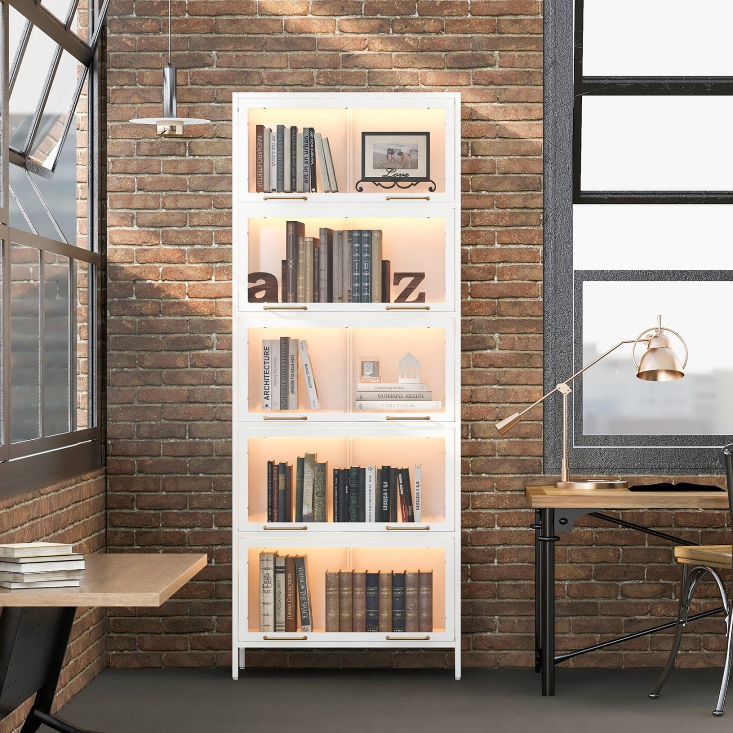 76.75" Tall Glass Display Cabinet with LED Lights, 5 Tier Iron Barrister Bookcase with Glass Doors, Modern Curio Cabinet for Collectibles Books Trophies Living Room Office Study, White