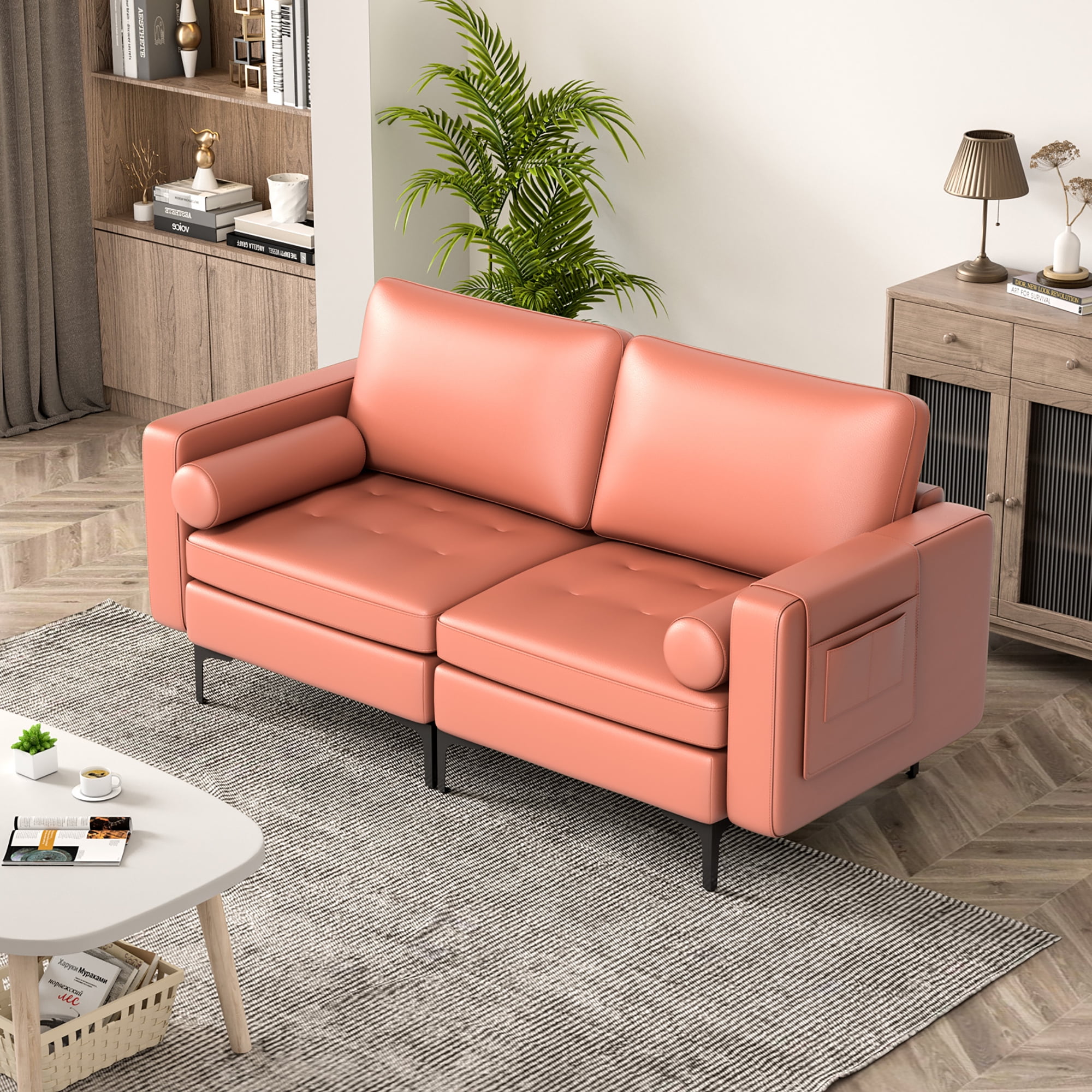 Costway Modern Loveseat 2-Seat Sofa Couch w/ 2 Bolsters Side Storage Pocket Coral Pink