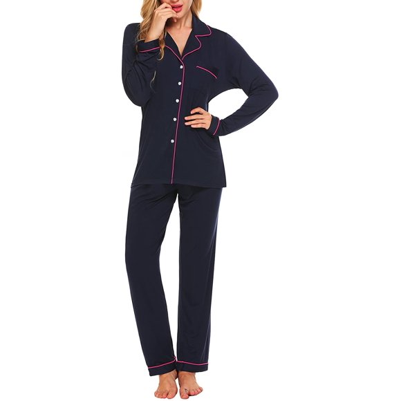 Sleepwear Womens Pajamas Set Long Sleeve Pjs Cotton Loungewear with Buttons XS-XXL
