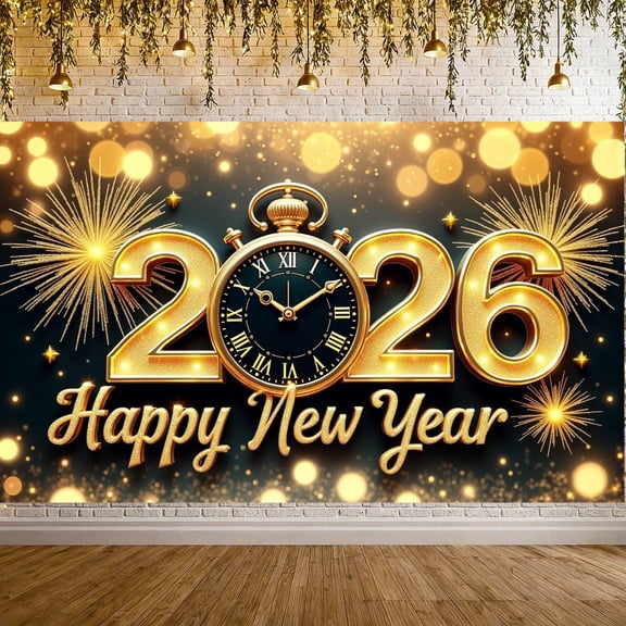 Gold Theme New Year Banner Luxury Style 2026 Banner Pocket Watch Design Fireworks Happy New Year Banner for New Year Party Home Decoration Holiday Celebration