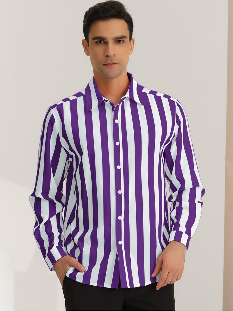 Unique Bargains Men's Casual Striped Long Sleeves Button Down Dress Shirts  M Purple White - Walmart.com