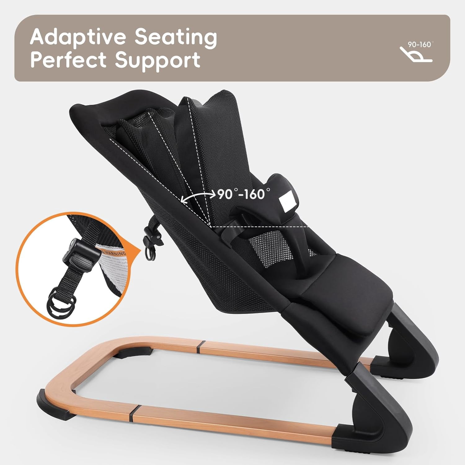 Portable Baby Bouncer & Rocker Seat for Infants, Adjustable Reclining Baby Chair with 3-Point Safety Harness, Lightweight Foldable Design for 0-18 Months, Supports Up to 60 lbs, Black