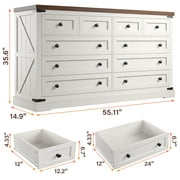 White Dresser for Bedroom with 10 Drawers Farmhouse Wood Dresser with Smooth Metal Rail,Antique White