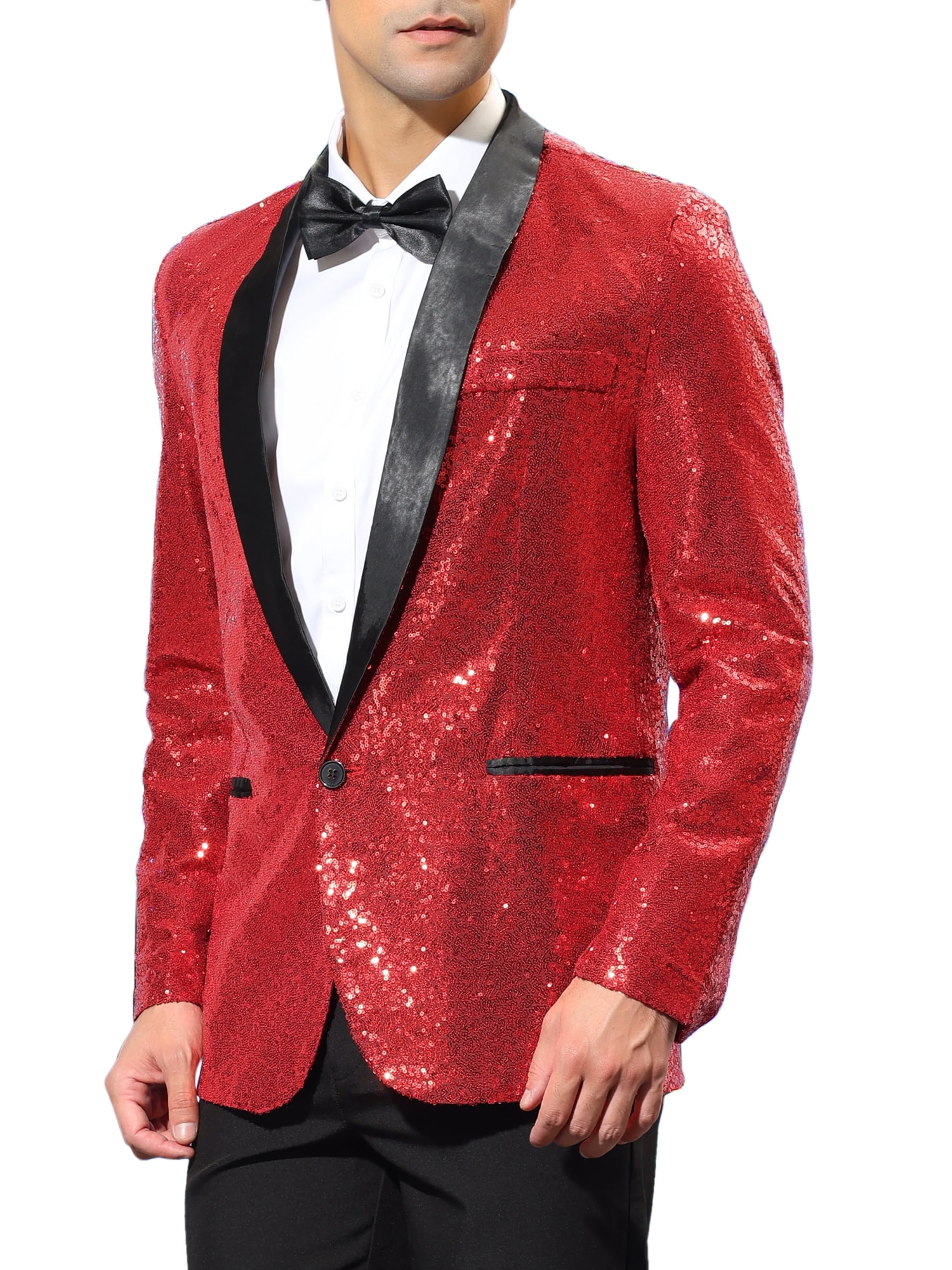 Unique Bargains Men's Sequin Sport Coats Shawl Lapel One Button Wedding Shiny Blazer S Burgundy
