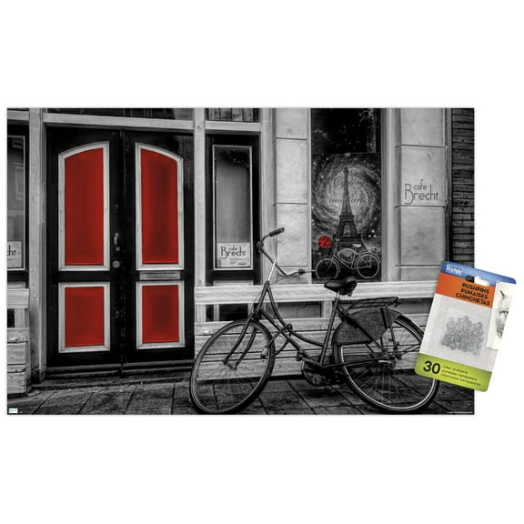City Bike in Black and White Color Selected Red Wall Poster with Push Pins, 14.725" x 22.375"