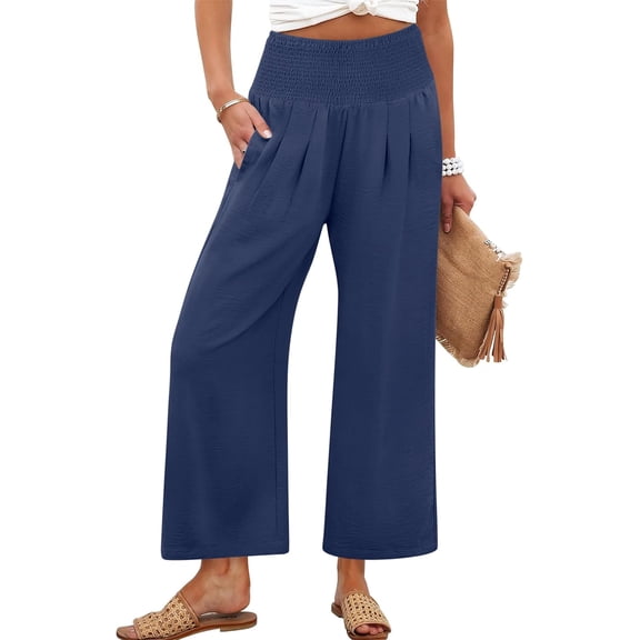 ZANKLEY Womens High Waist Smocked Wide Leg Flowy Pocketed Summer Lounge Beach Casual Pants