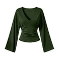 thumbnail image 4 of LUVDA Bell Sleeve Tops for Women V Neck Ruched Long Sleeve Slim Fit Flare Cuff Casual Fall Jersey T-Shirt Blouse, 4 of 8