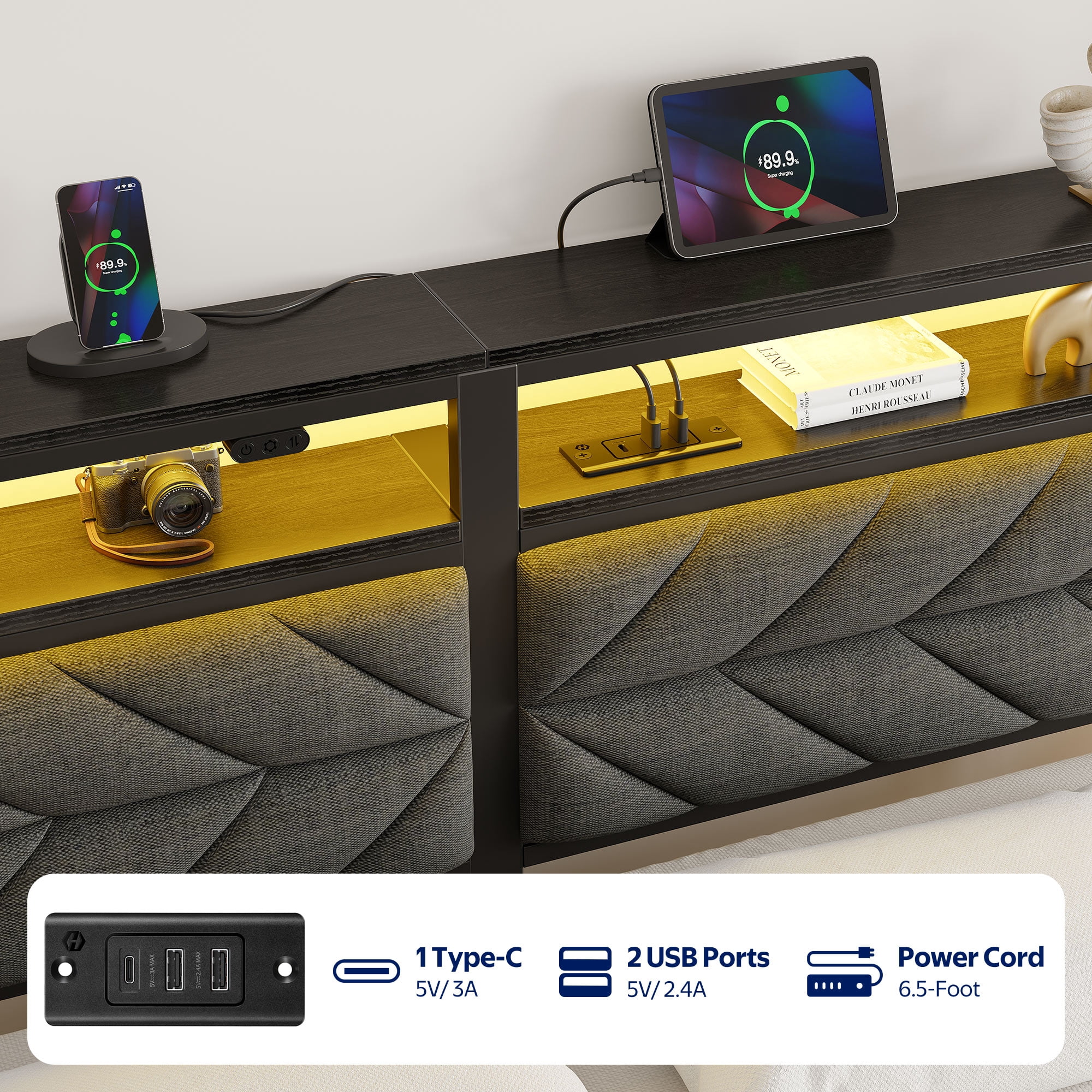 Greenstell Full LED Bed Frame with Headboard Storage - Charging Station, Dark Gray