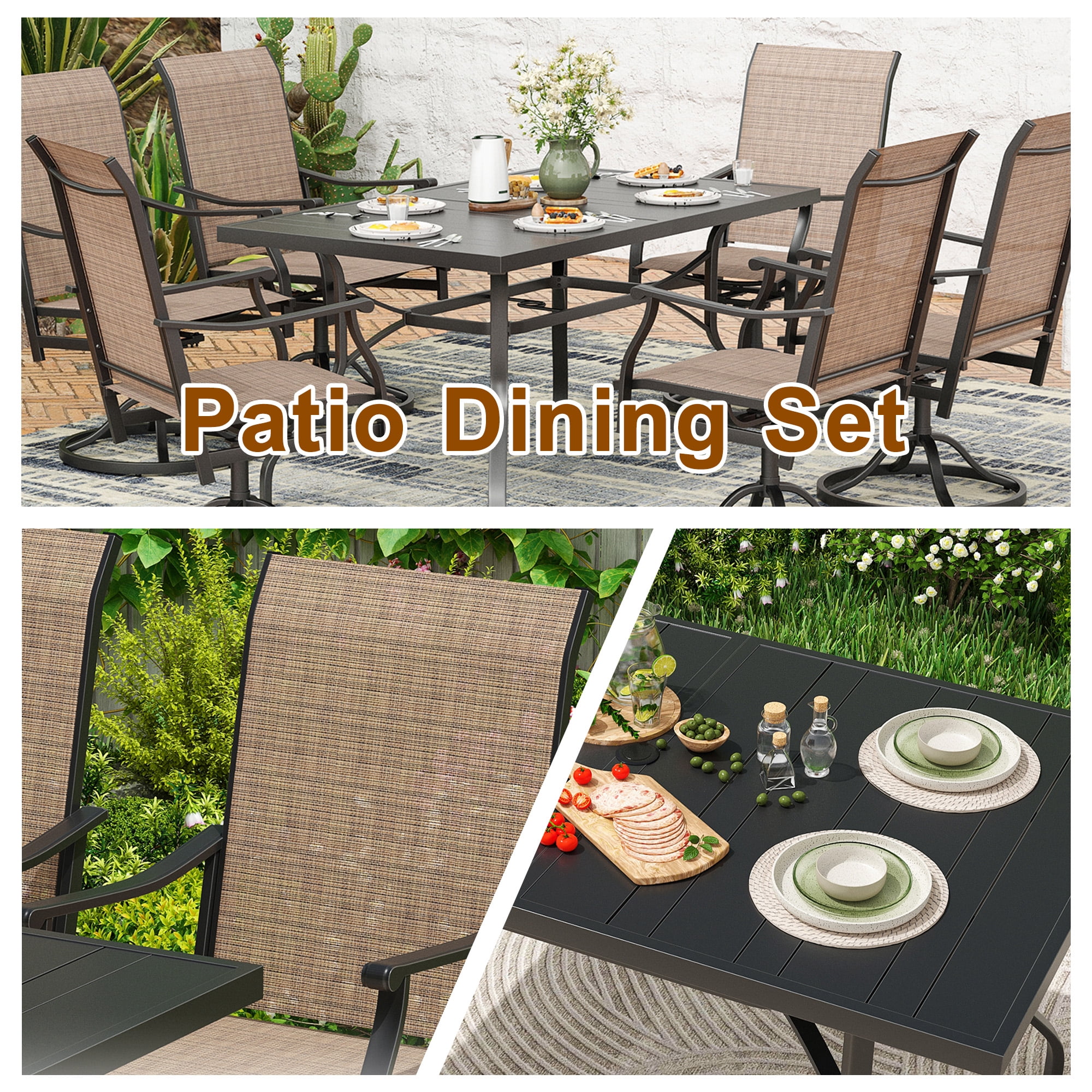 MAYEERTY 7-Piece Patio Dining Set:1 Black Rectangular Table with 1.57" Umbrella Hole & 6 Brown Swivel Textilene Chairs