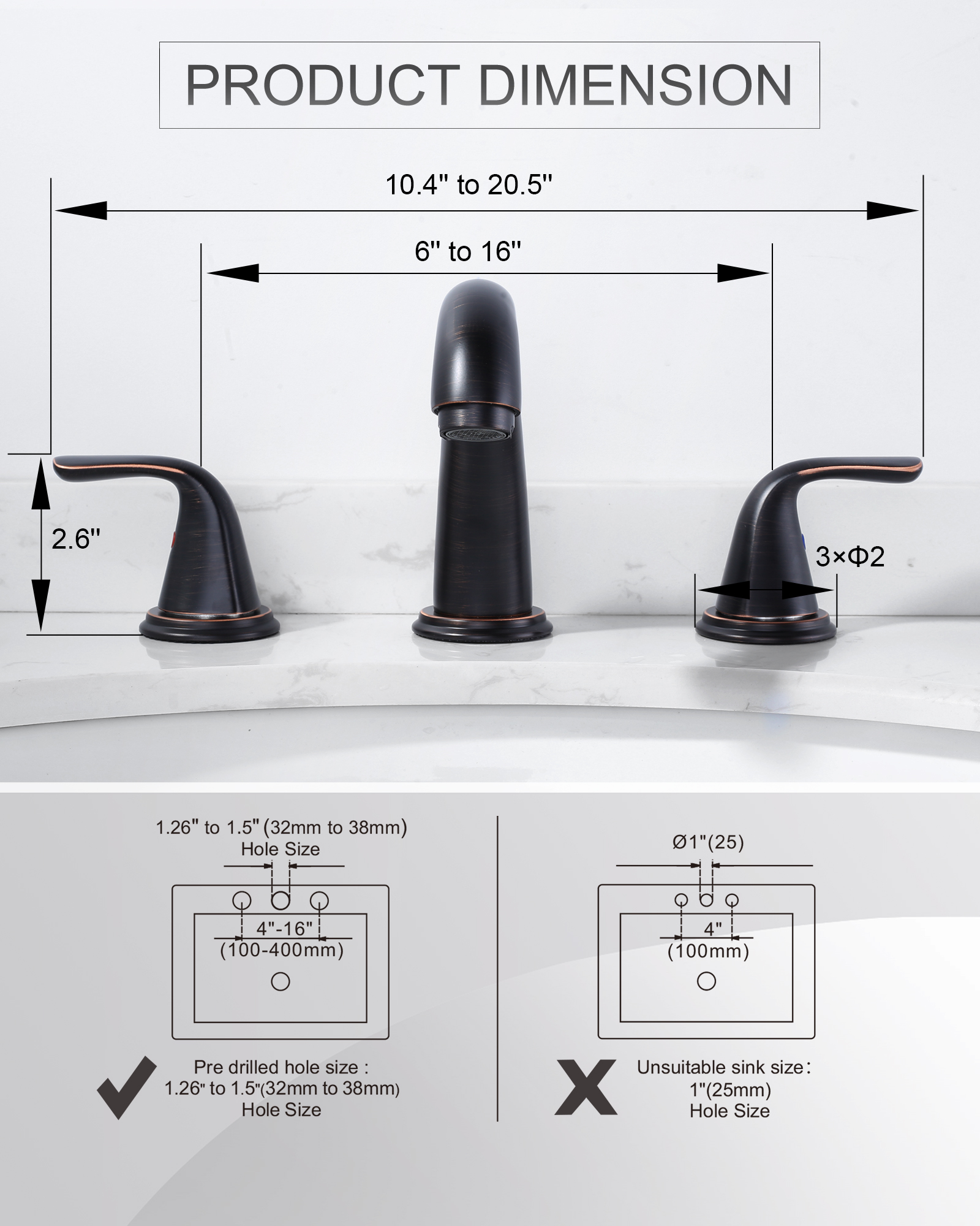 Wowow Widespread 2-Handle Bathroom Faucet in Oil Rubbed Bronze for Bathroom Sink with Pop Up Drain