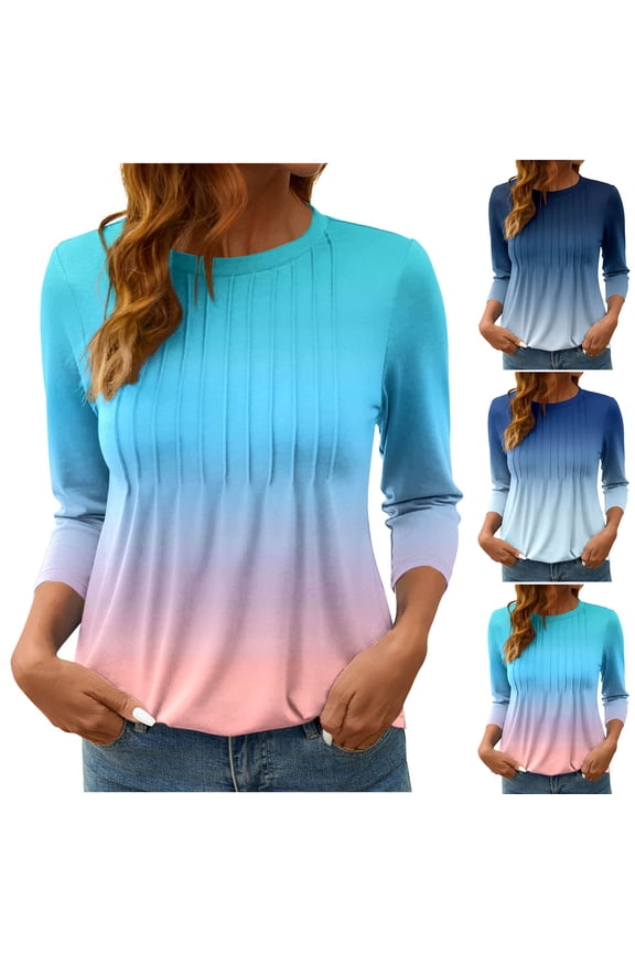 Tops for Women 3/4 Sleeve Casual Round Neck Shirts Dressy Print Petite Blouses Classic Cotton Tunic Top S-3XL