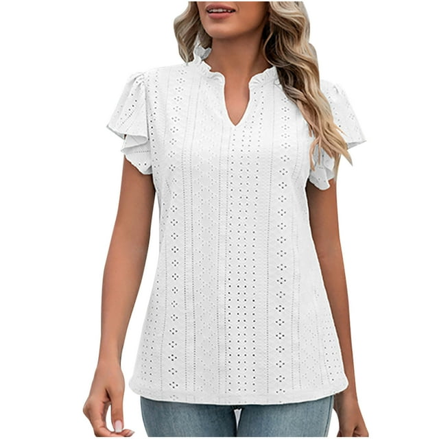 Plebaso Womens Eyelet Tops Summer Ruffle Short Sleeve T-Shirts V Neck Lightweight Casual Tunic Blouses