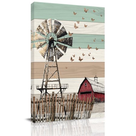Canvas Wall Art Windmill Farmhouse Framed Canvas Prints for Bathroom Hallway Vintage Teal Brown Wooden Butterfly Small Gallery Wrapped Wall Decor for Home Office Gifts 8 x10 Ship Next Day
