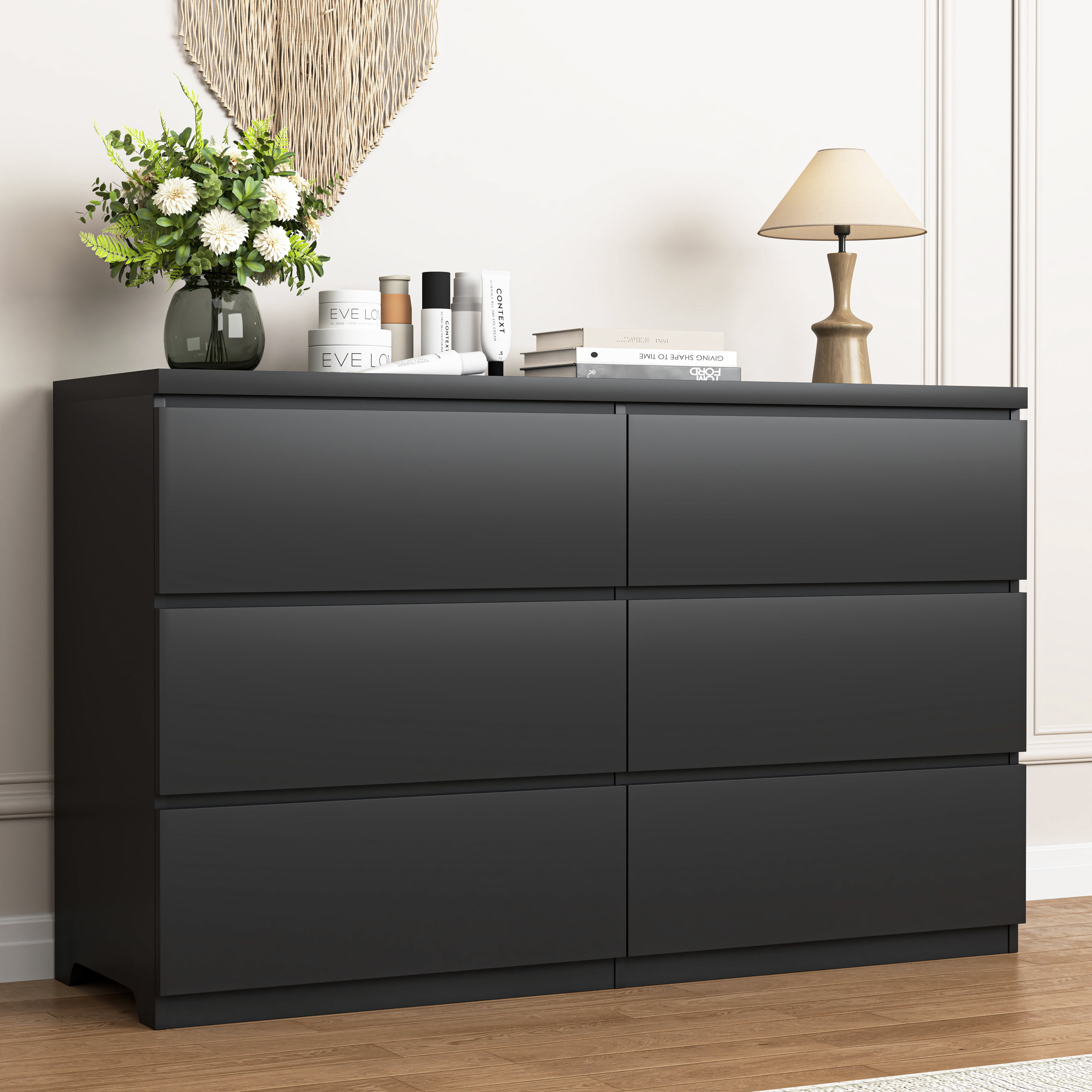 FFZ 6 Drawer Wood Dresser, Wide Storage Tower Clothes Organizer For Bedroom Hallway Living Room