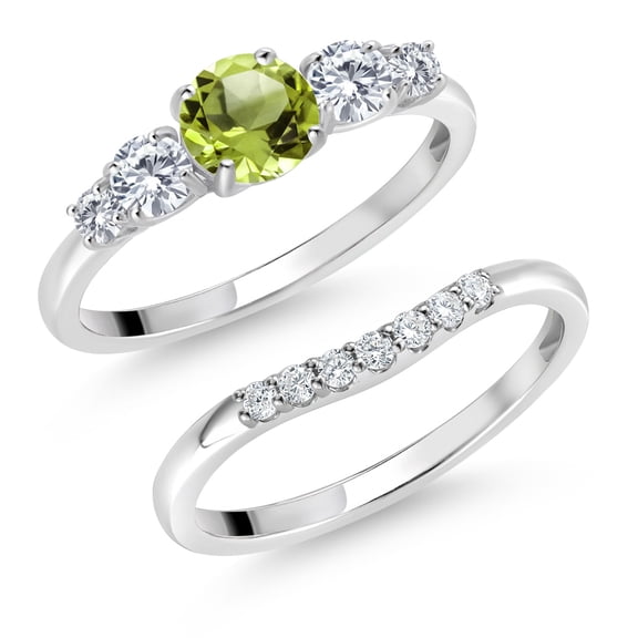 Gem Stone King 10K White Gold Green Peridot White Moissanite and White Lab Grown Diamond 5 Stone Bridal Engagement Wedding Ring Set for Women (0.86 Cttw, Round, Size 9)