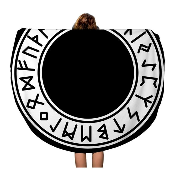 POGLIP 60 inch Round Beach Towel Blanket Mjolnir Runes Futhark Black Abstract Algiz Amulet White Celtics Travel Circle Circular Towels Mat Tapestry Beach Throw