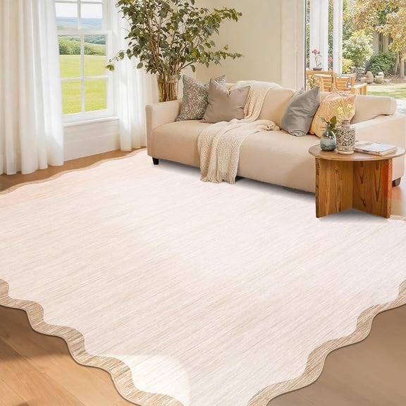5x7 Washable Non Slip Area Rug Scalloped Edge for Living Room Bedroom Farmhouse Beige