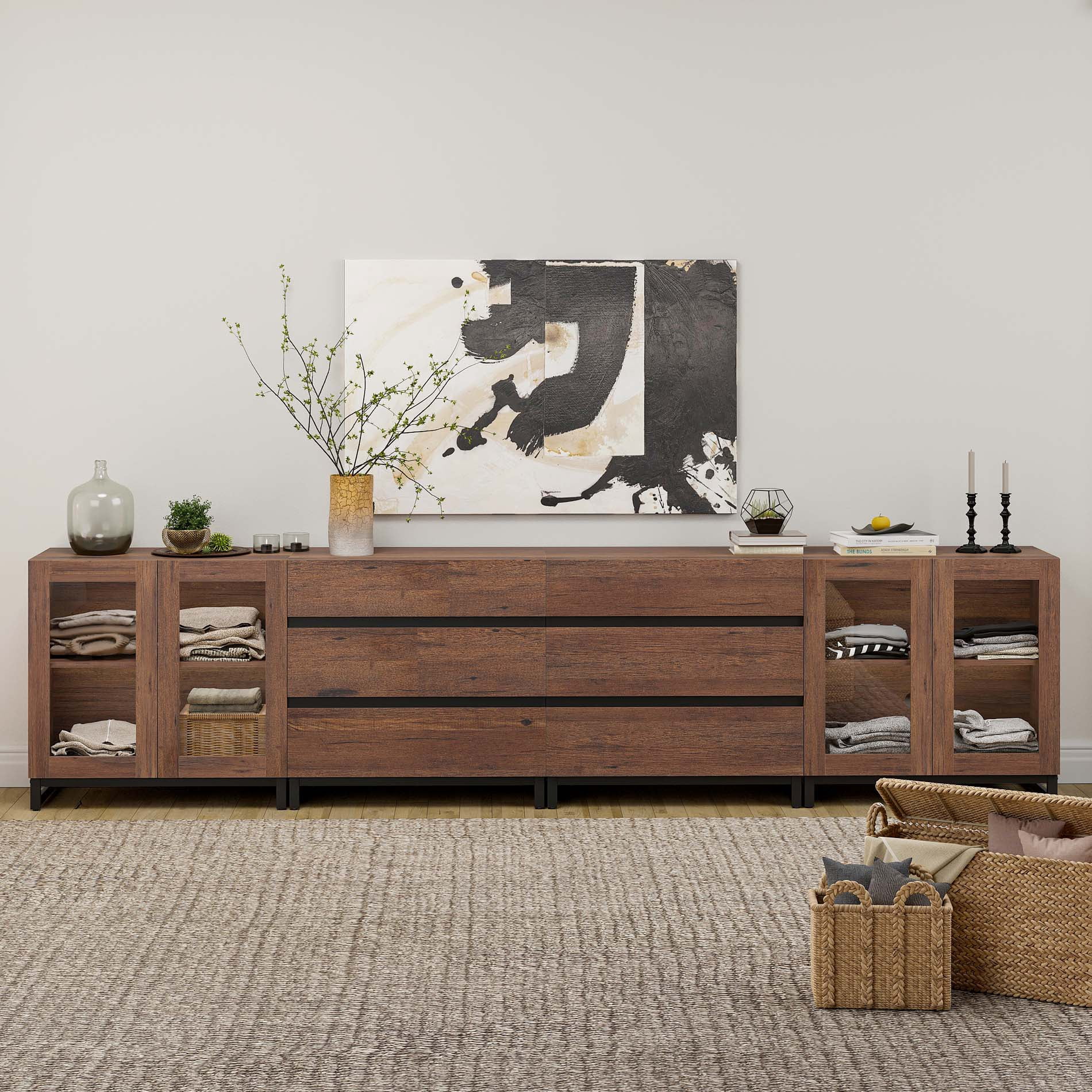 4 In 1 Multifunctional Chest of Drawers, Glass Door Dresser with 6 Drawers and Adjustable Shelves, Home Storage Cabinet Organizer for Bedroom,Brown