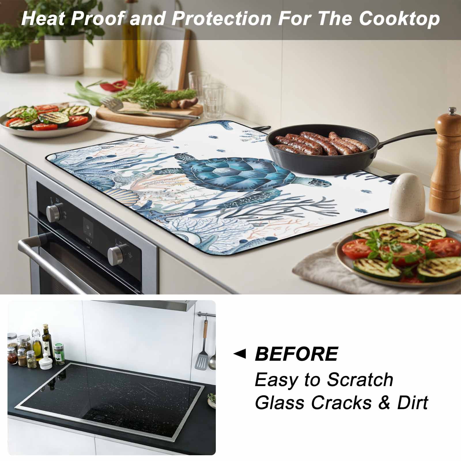 Coastal Sea Turtle Stove Top Cover for Electric Stove, Heat-proof & Non Slip Glass Top Stove Cover Protector, Ocean Beach Summer Coral Starfish Kitchen Flat Cooktop Rubber Mat 28.5x20.5 Inches