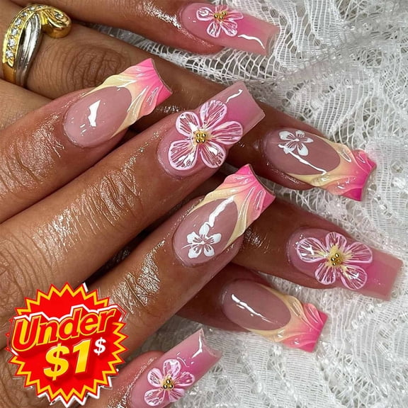 FEOLGEHLY 24 Pieces Press on Nails Short, Medium Square Wearable Fake Nails, European American Style Glitter Gradient Nail Art Tips with Nail Tabs, Jelly Glue for Spring Summer Manicure Decor