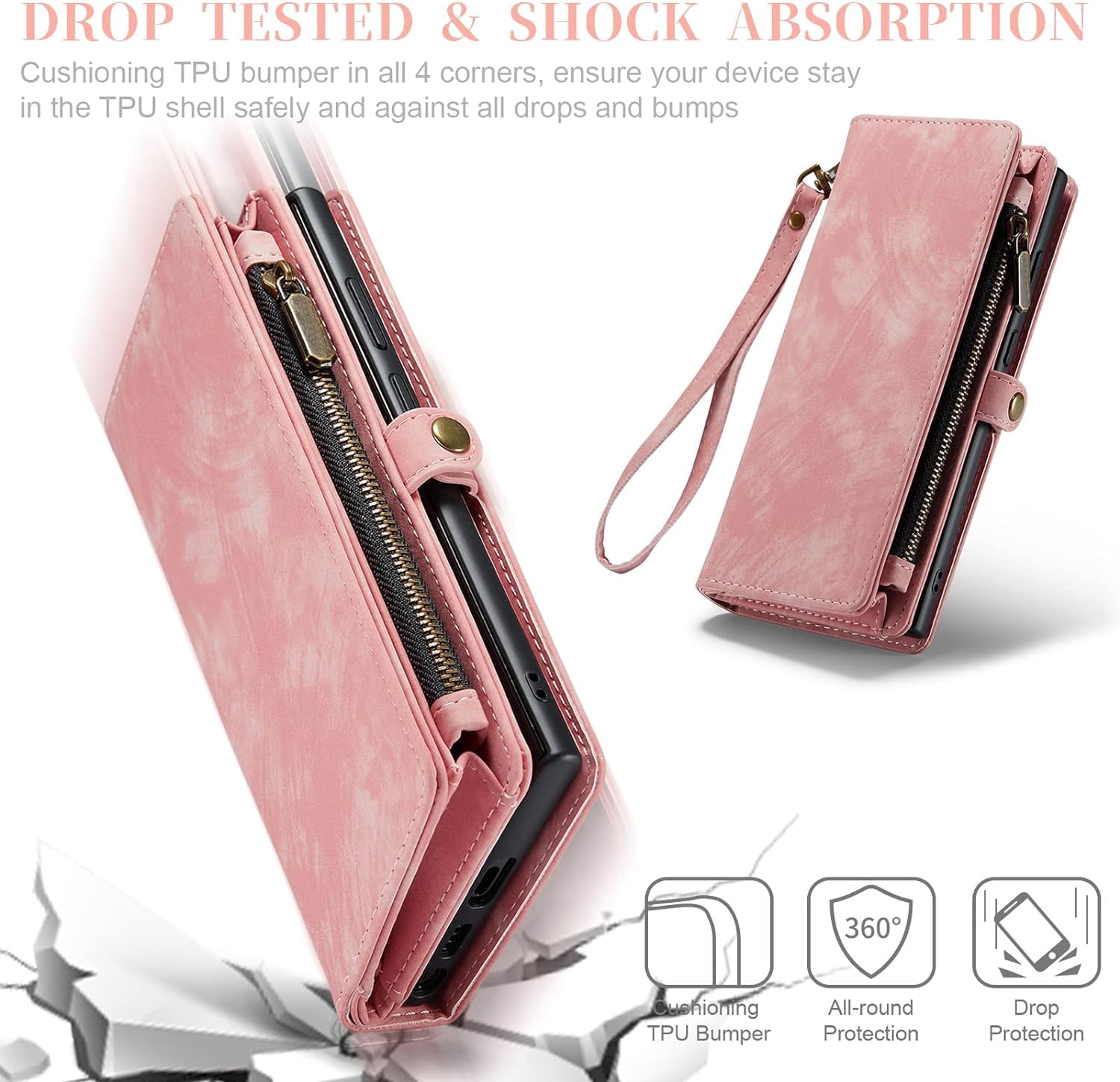 Phone Case for Samsung Galaxy S23 Ultra 5G Zipper Wallet Detachable Cover with Leather Flip Credit Cash Card Holder Mobile Cell Accessories S23Ultra 23S S 23 23Ultra 6.8 inch Women Men Pink