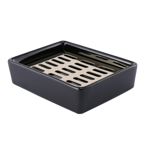 ROSENICE Black Ceramic Soap Dish with Stainless Steel Drain Tray for Bathroom Home Storage Use 7.8 Inches