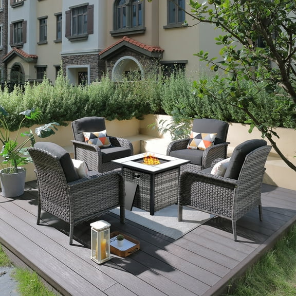 XIZZI 5 PCS Patio Furniture Set Outdoor Conversation Set with 30" Square Fire Pit,Black