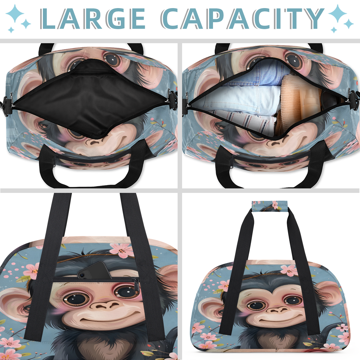 Herdesigns Monkey Sports Duffle Bag for Women & Men, Animals Gym Bag Dance Bag Overnight Bag Carry On Weekender Travel Bag