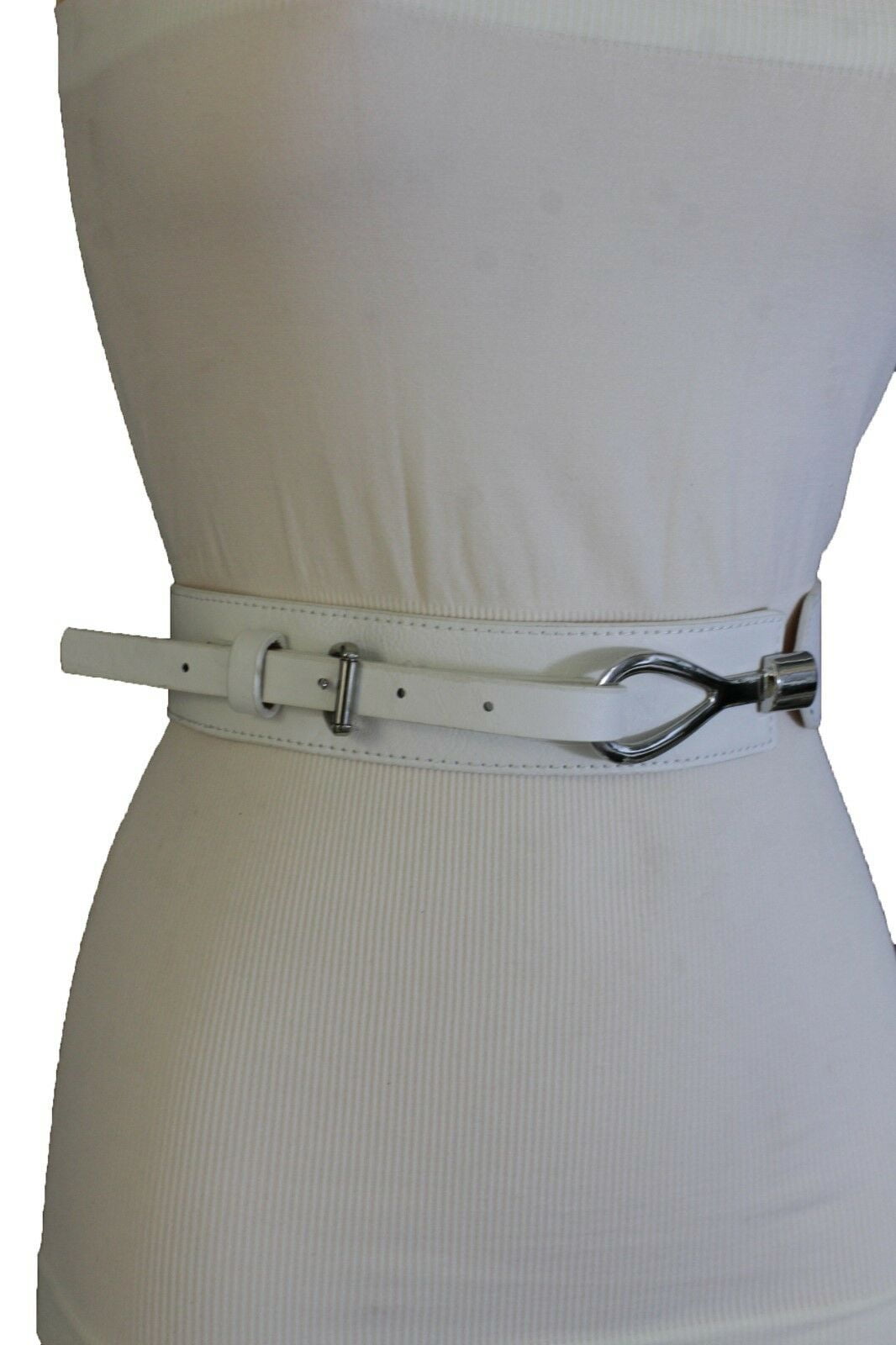 White Women Belt Hip High Waist Elastic Silver Metal Hook Buckle
