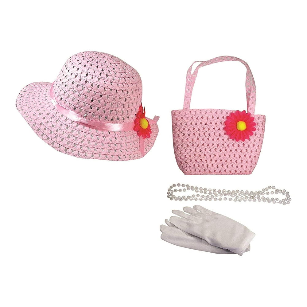 Girls Tea Party Dress Up Play Set With Sun Hat, Purse, White Gloves