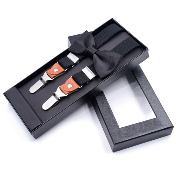 Black Bow Tie And Suspenders For Men 1 inch Y Shape Boys Suspender and Bowtie With Strong Clips for Wedding