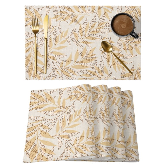 Tan Willow Leaves Placemats Set of 8 Modern Dotted Boho Minimalist Art Place Mats Indoor Wipeable Table Mats Washable Cloth Dining Table Placemats for Kitchen Holiday Party Home Decor 13x19 Inch