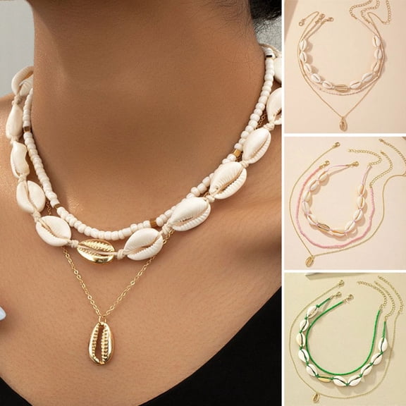 SmartBy 3Pcs/Set Beaded Seashell Necklace Boho Style Lightweight Layered Shell Necklace Ocean Jewelry Accessory Gift