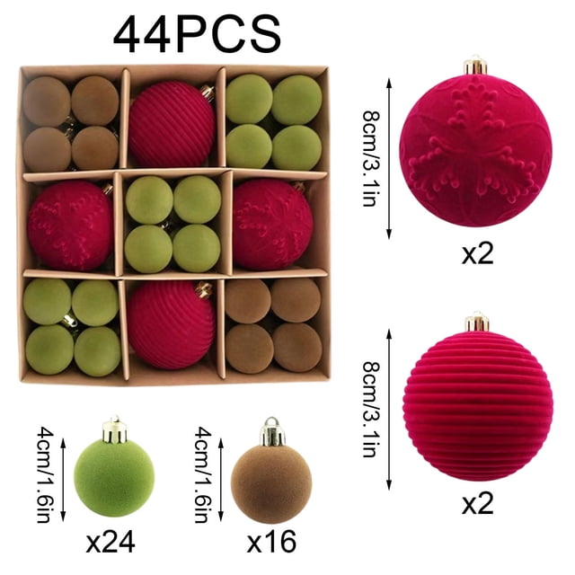 Bolas de Navidad de terciopelo 44 piezas | Adornos de Árbol de Plástico Flocado | Decoraciones colgantes navideñas rojas de 4cm y 8cm | Decoración de Navidad duradera, resistente a la decoloración,