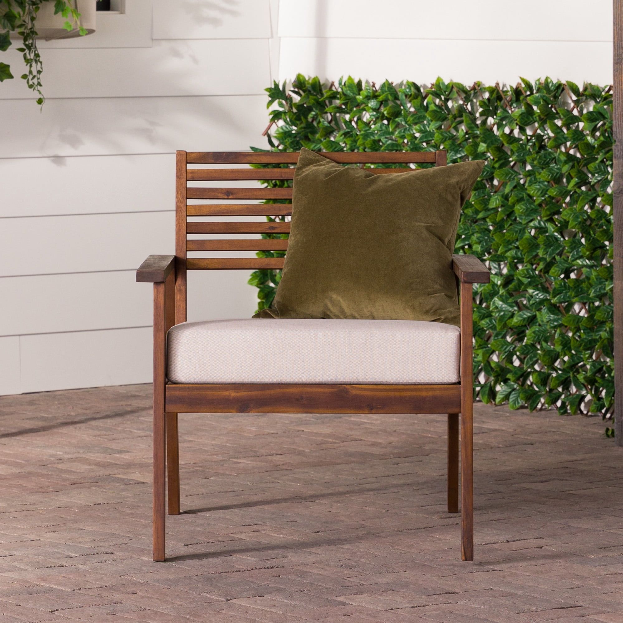 Walker Edison Modern Slat-Back Solid Wood Outdoor Lounge Chair, Dark Brown