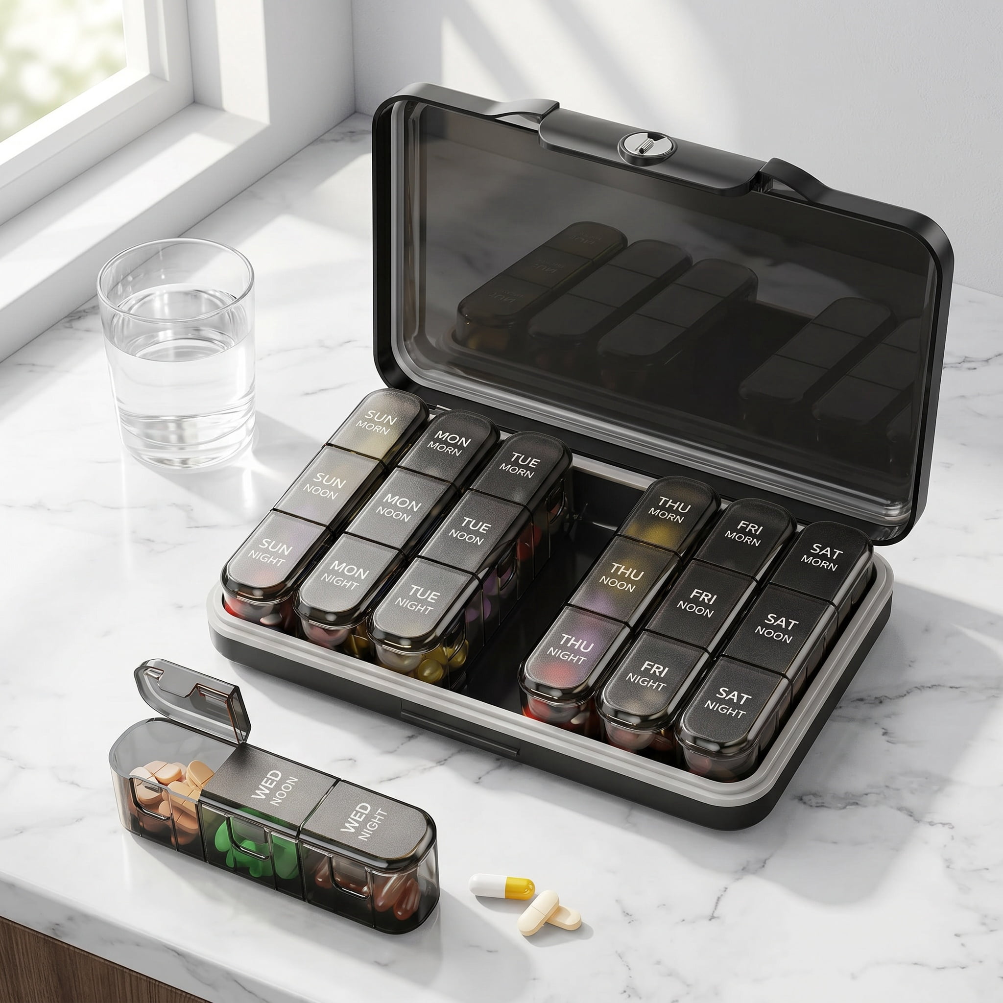 KUEON Weekly Pill Organizer 3 Times a Day, 7 Day Detachable Pill Box (Black)