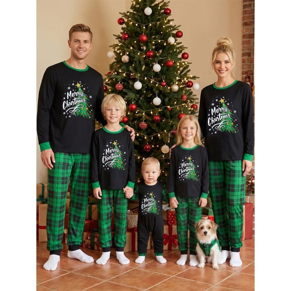 Christmas Family Pajamas Matching Set, Long Sleeve Letters Print T-shirt with Plaid Pants Sleepwear Loungewear