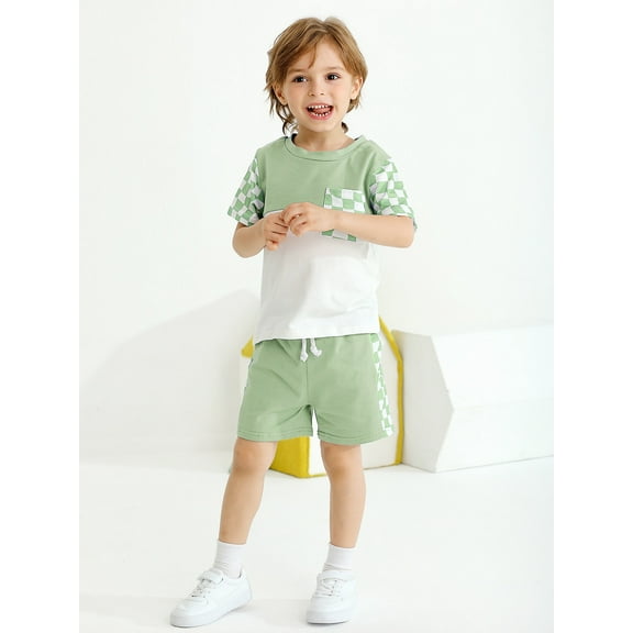 GYRATEDREAM Toddler Baby Boys Summer Clothes Set Checkerboard Short Sleeve T-Shirt Shorts 2Pcs Outfits 12 Months-5 Years