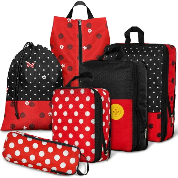 Cute Red Polka Dots Compression Packing Cubes 6 Set for Carry on Suitcases Compressed Storage Bags Packaging Luggage Bags Organizers for Travel