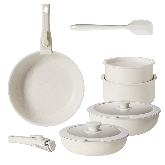 CONCETTA 12pcs Non-Stick Cookware Set, Pots and Pans Set with Spatula and Detachable Handle for Kitchen,Beige