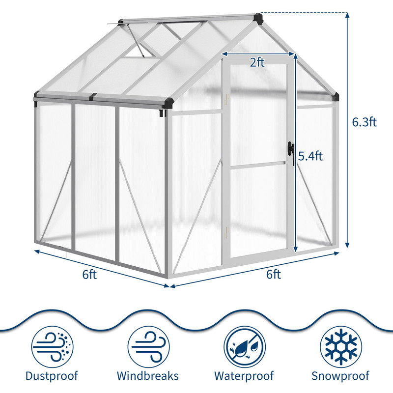 6×6FT Greenhouse, Walk in Greenhouses for Outdoors and Seasons Garden Planting, GreenHouses with Quick Setup Structure and Roof Vent, Polycarbonate Greenhouse with Enhanced Aluminum Frame, Silver
