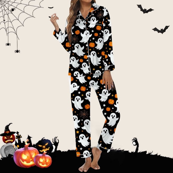 Halloween Pjs Women Collared Halloween Sleepwear Long Sleeve Top with Pants Soft Nightwear Womens Pajama Set Black XXL
