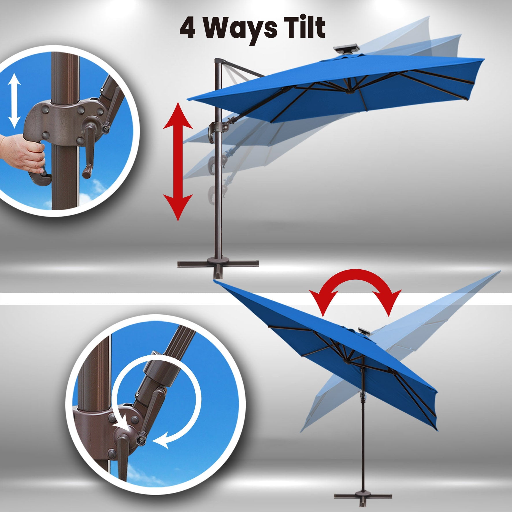 SUNRISEUMBRELLA Square 10'x10' Deluxe Roma square cantilever umbrella, With solar LED light(Blue)
